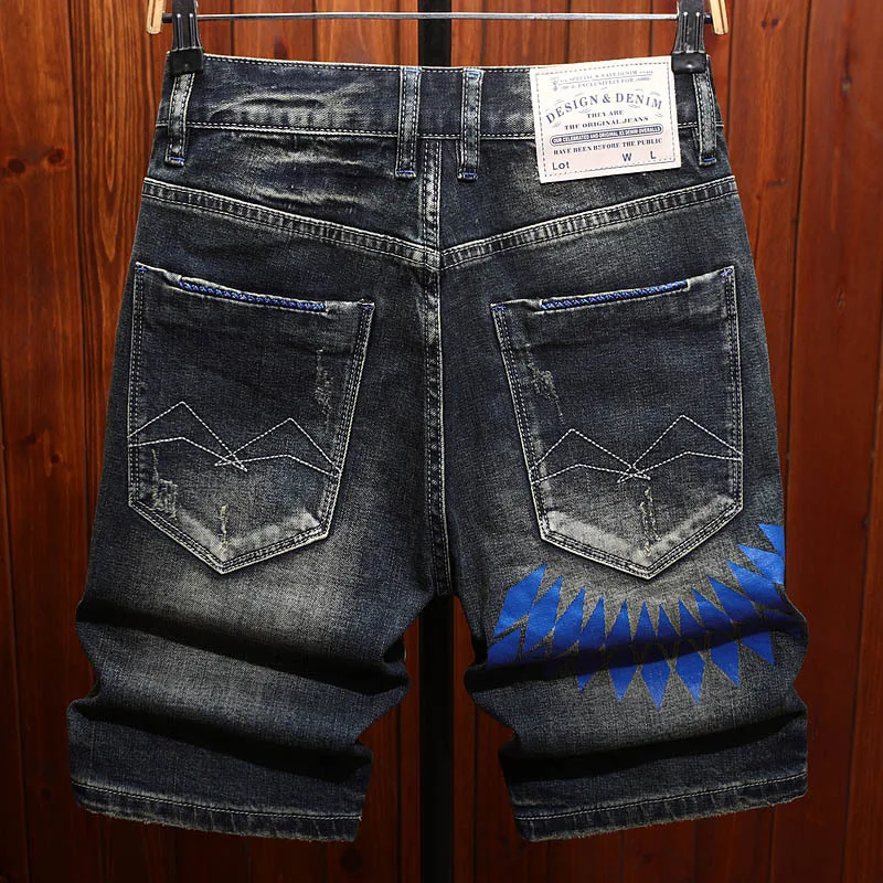 

High end printed denim shorts for men, summer street fashion, rugged and handsome, retro and vintage, casual five quarter pants
