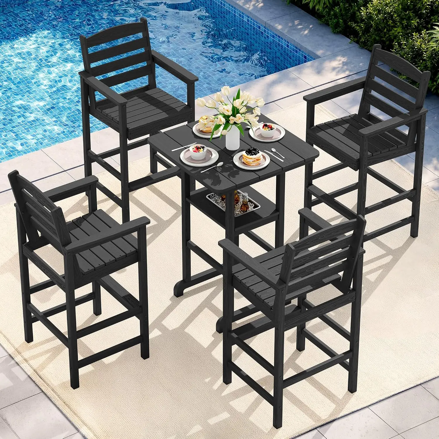 5-Piece Outdoor Bar Height Table & Chair Set with Ice Bucket, Black, Customized
