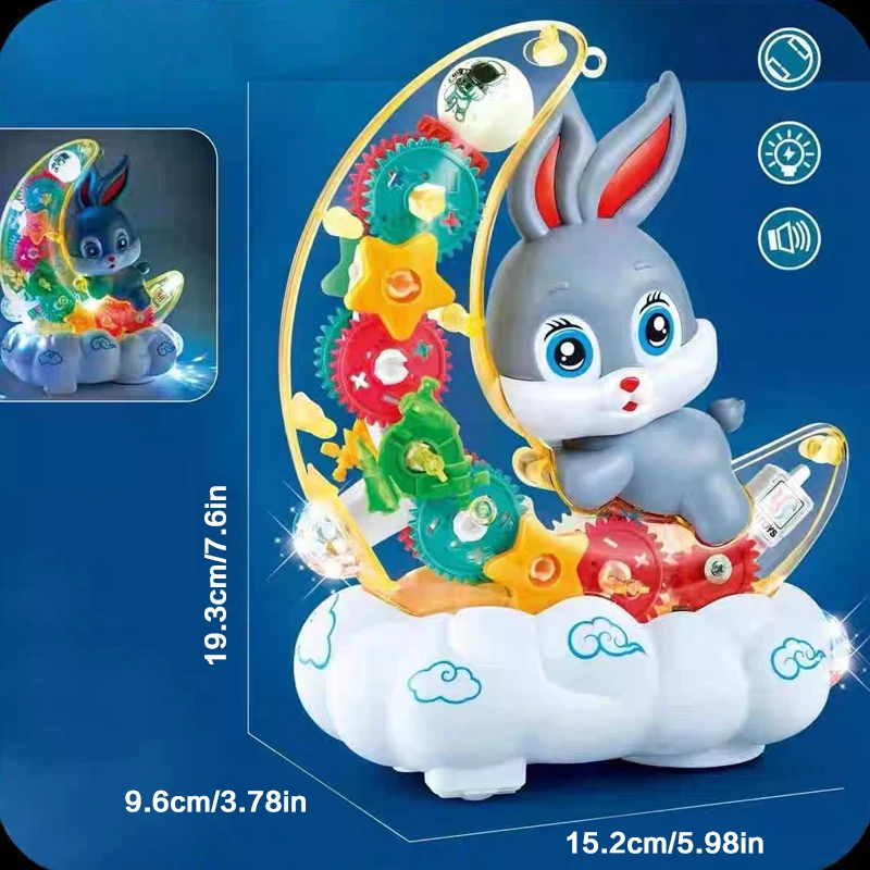 Moon Rabbit elektrische speelgoedscooter met transparant tandwiel, geluid en licht - leuk babycadeau vakantierotatieuitrusting transparant