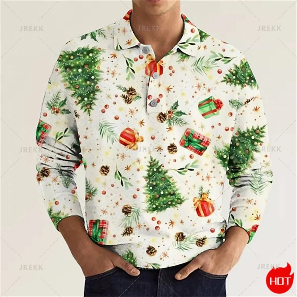 

Full Print Christmas Tree Graphic Men's Golf Polo Shirt Casual Long Sleeve Turndown Button-Down Polo Shirts Tops Mens Tee Shirt