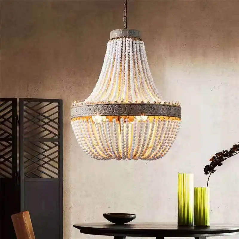 New French Antique Wooden Pendant Light Personalized And Creative Coffee Shop Dining Room Living Room Beaded Lighting Fixtures