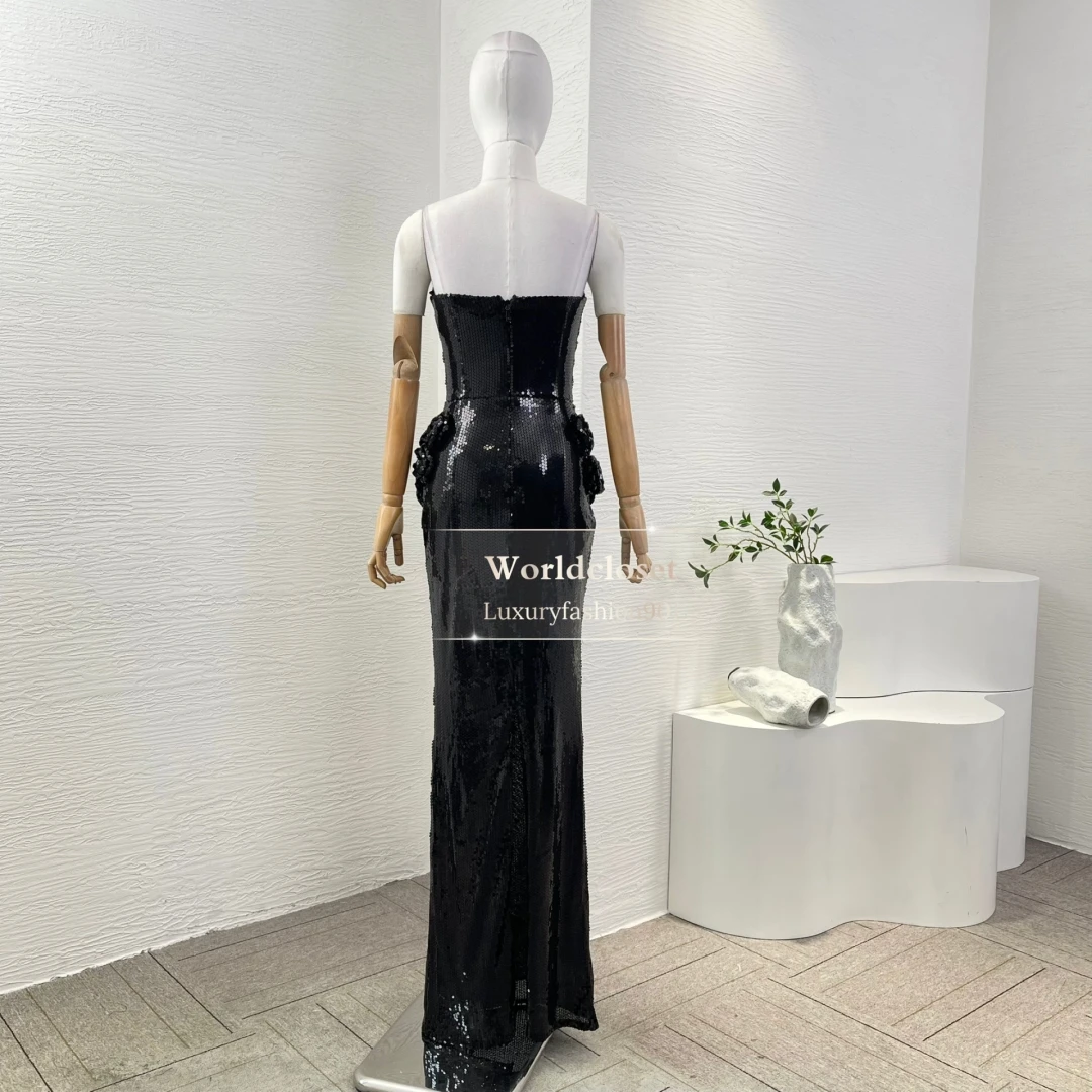 Vestido largo de tubo para fiesta 2025 Nuevo hermoso negro sin lentejuelas flores apliques atractivos