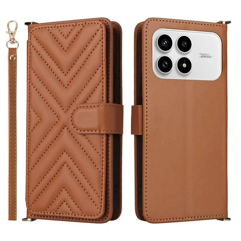 

Кожаный чехол для телефона Poco F8 Pro через плечо с длинным ремешком и слотом для карт, защитный чехол