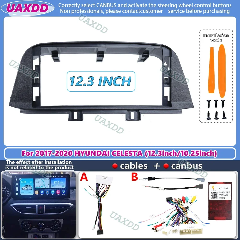 Adaptateur de Fascia de cadre de voiture pour Hyundai Celesta 12.3-2017, kit de panneau de montage de tableau de bord radio Android, faisceau vidéo de câbles, canbus, 2020 pouces