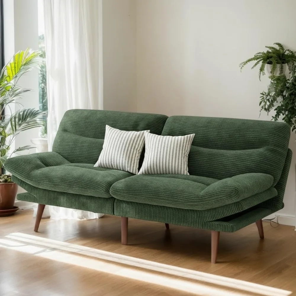 Convertible Futon Sofa Bed with Adjustable Backrest and Armrests, Corduroy 3-in-1 Couch, Folding Sleeper Recliner for Comfortabl