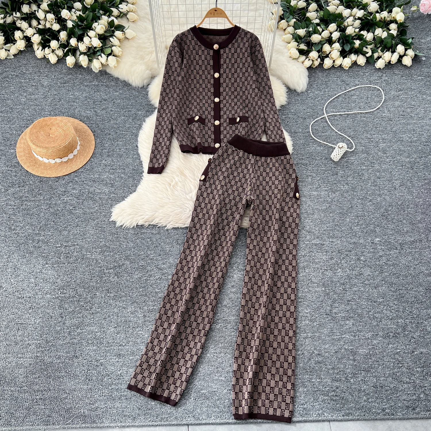 2024 Autumn Elegant Slim Three Pieces Sets Women Cardigan Jacket V-Neck Sweater High Waist Wide Leg Pants Knitted Sets J519