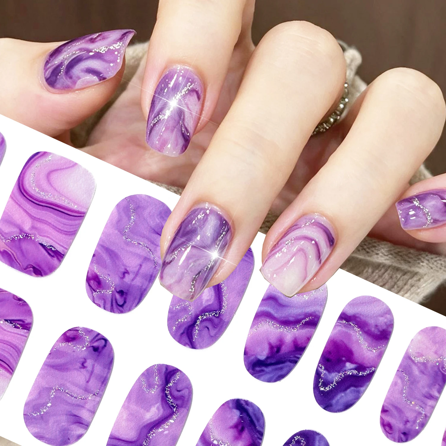 16Tips Marble Effect Full Cover Nail Polish Strips Purple Gradient Silver Glitter Wave Nail Stickers No Need Lamp Nail Art Wraps