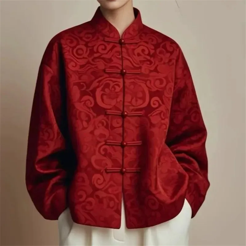 Jesienna Nowa Luźna Damska Kurtka w Chińskim Stylu Buddyjska Retro Klamra Płaszcz Damski Ekskluzywny Czerwony Nadrukowany Top Uniwersalny