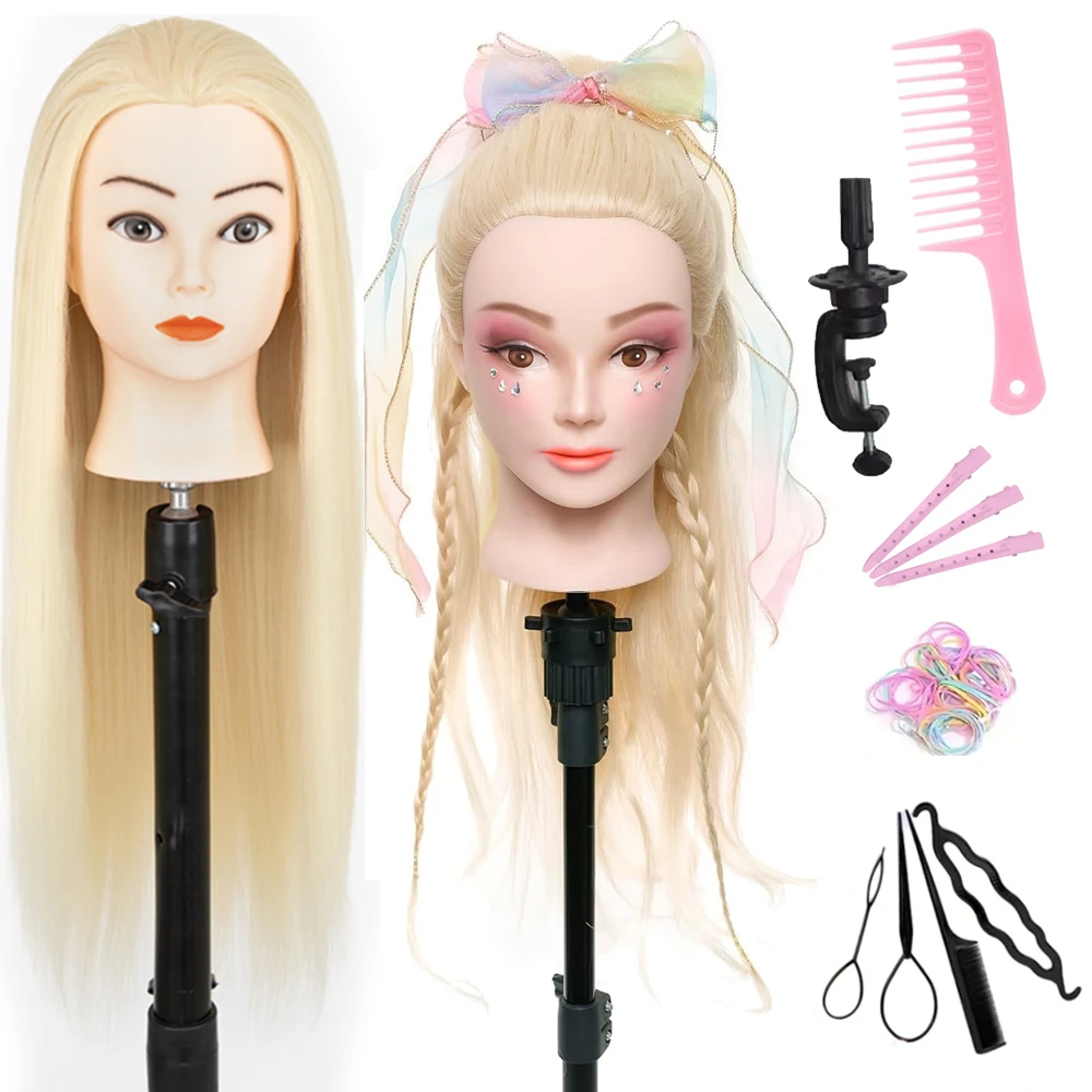 Mannequin Head with 11pcs Hair Heavy-Duty Clamp Holder Base, Braiding Tools - for Salon, Beauty School Practice Set