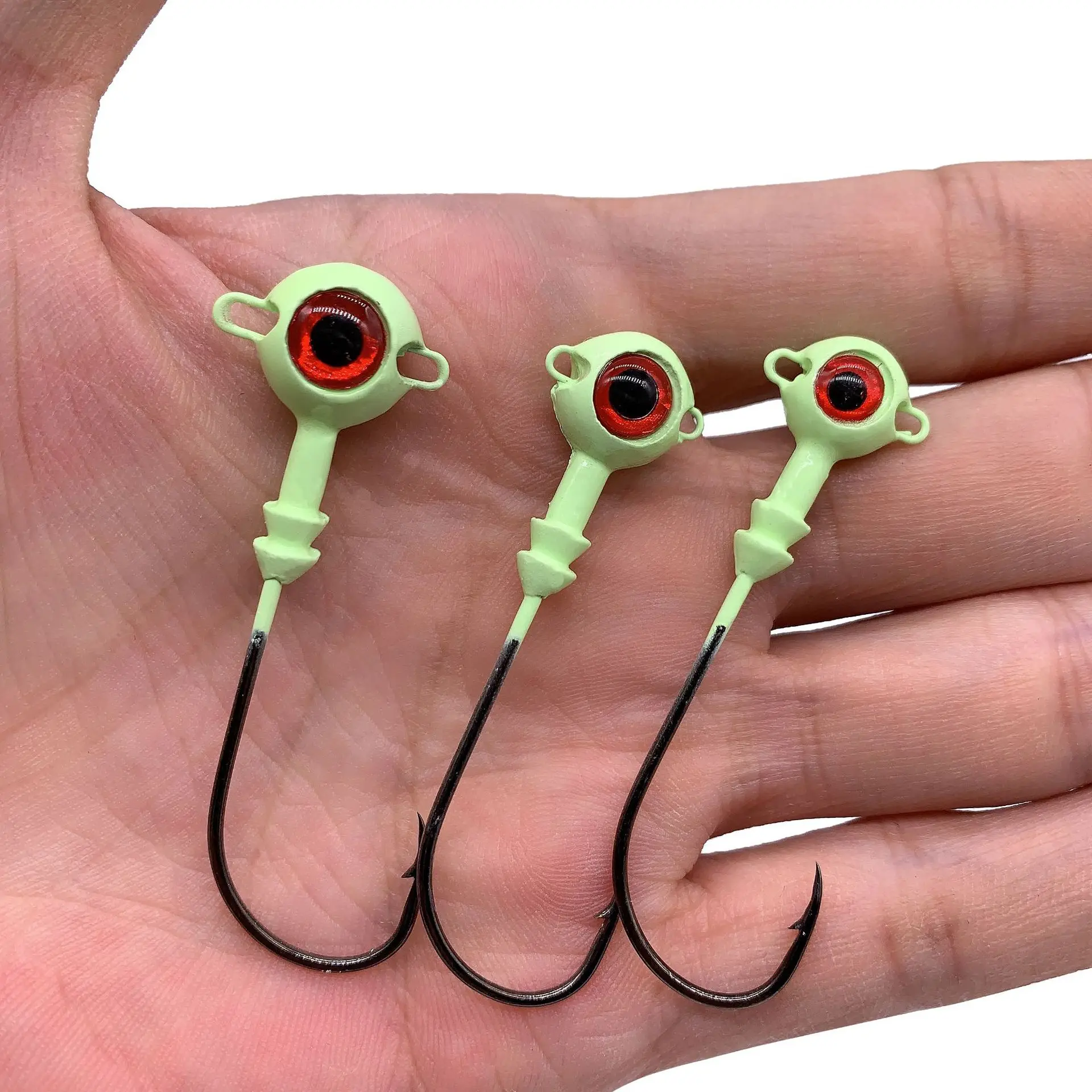 AI-SHOUYU New 5pcs Jig Lead Head Luminous Fishing Hook 5g/7g/10g Barbed Hook Hard Bait 3D Eyes Fishhook Trout Fishing Tackle