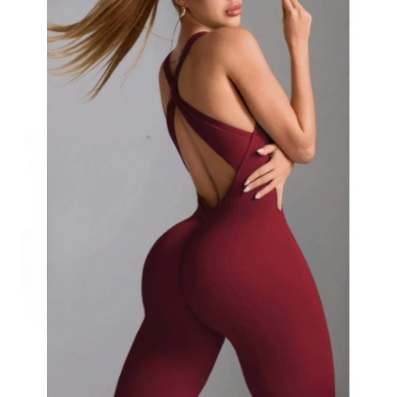 Sexy Cross Backless Bodycon Sporty Jumpsuit with Cups Women One Piece Gym Workout Outfit Sportswear Sleeveless Fitness Overalls