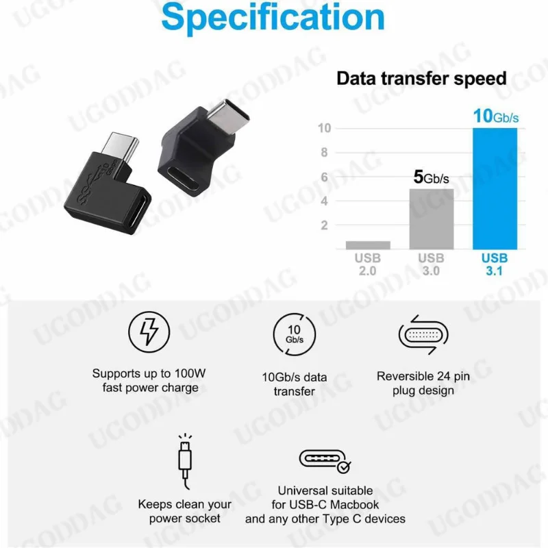 Adaptador USB tipo C para celular, conector portátil, conversor macho para fêmea, Macbook Laptop, 10Gbps, 90 graus