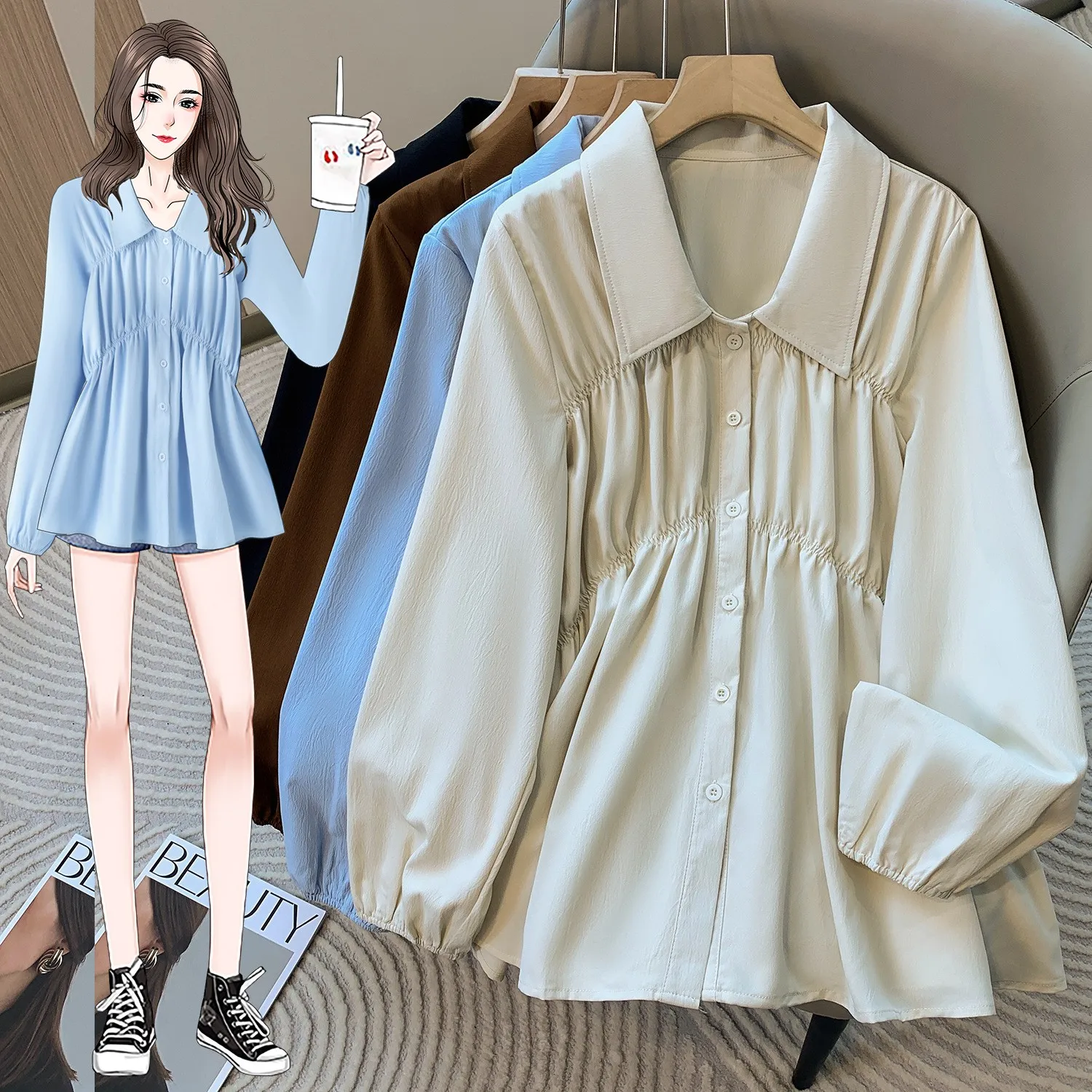 

Autumn Women's Clothing Slimming V Neck Ruffle Detail High Quality Blouse For Woman Cotton Blend Fitted Long Sleeve Woven Top