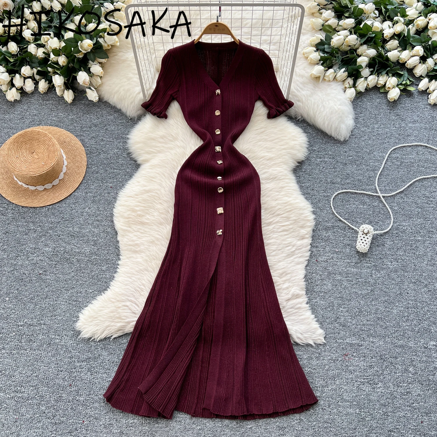 

Single Breasted Slim Fit Split Dress V-neck Short Sleeve Knit Sweater Robe All-match Versatile Fashion Elegant Vestidos Ropa