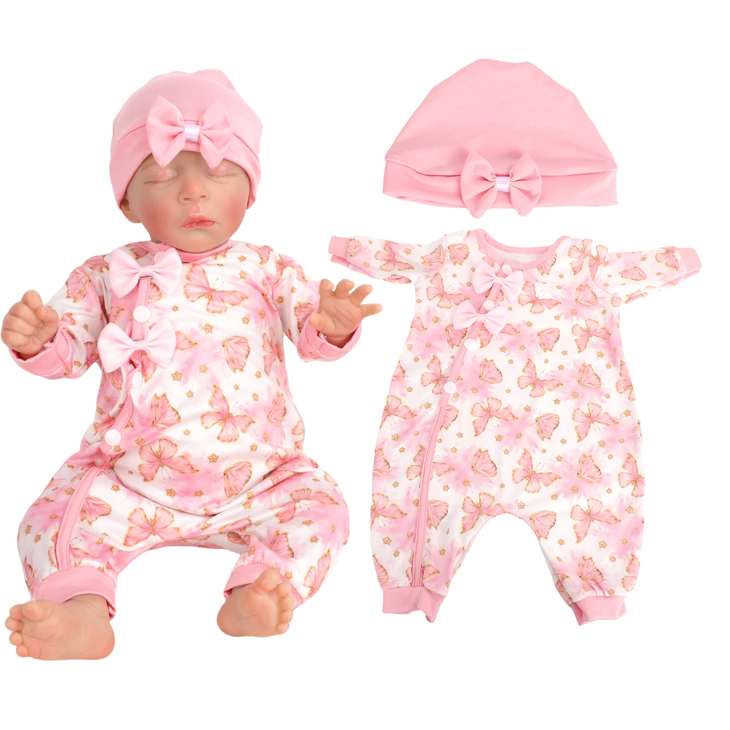 Ubranka dla lalek Reborn dziewczynki 17-18 cali, kombinezon, uroczy strój z motywem kwiatów, motyla i krowy mlecznej dla lalek Reborn dziewczynki 43-46 cm, zabawka.