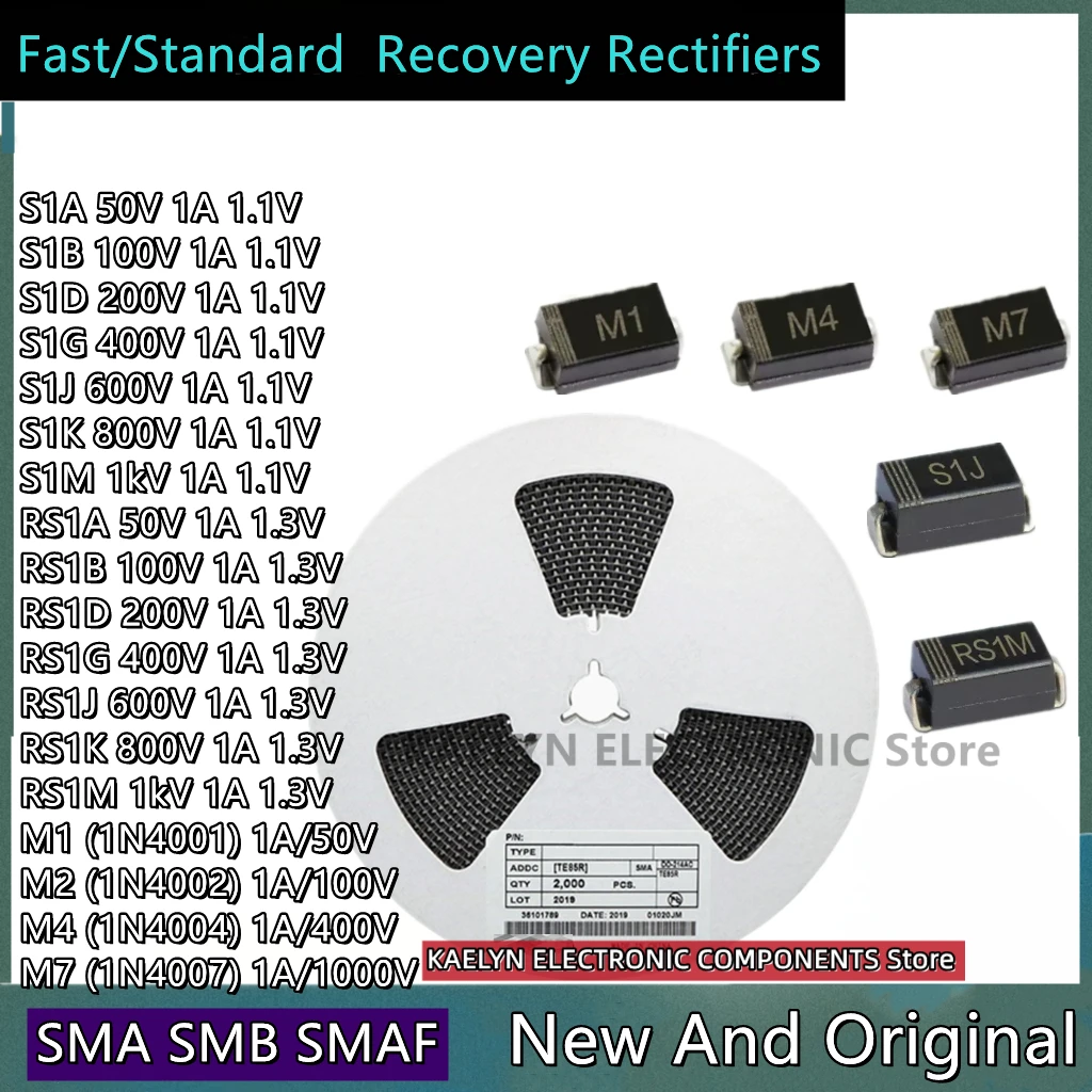 2000PCS Fast/Standard Recovery Rectifiers S1A S1B S1D S1G S1J S1K S1M RS1A RS1B RS1D RS1G RS1J RS1K RS1M 1N4001 M1 M2 M4 M7  SMA