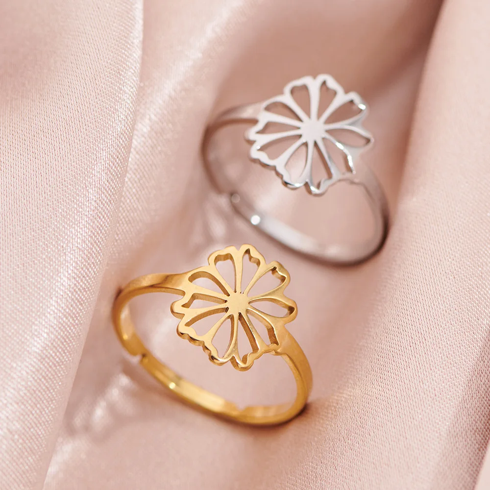 2024 new fashion small fresh simple flower ring female minority light luxury not everything with rusty steel hollow Daisy open r