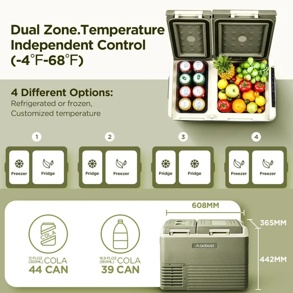 Geladeira portátil para carro com controle do aplicativo, geladeira 36 quart, freezer de zona dupla, compressor elétrico, 12 volts,-4 °F-68 f, RV