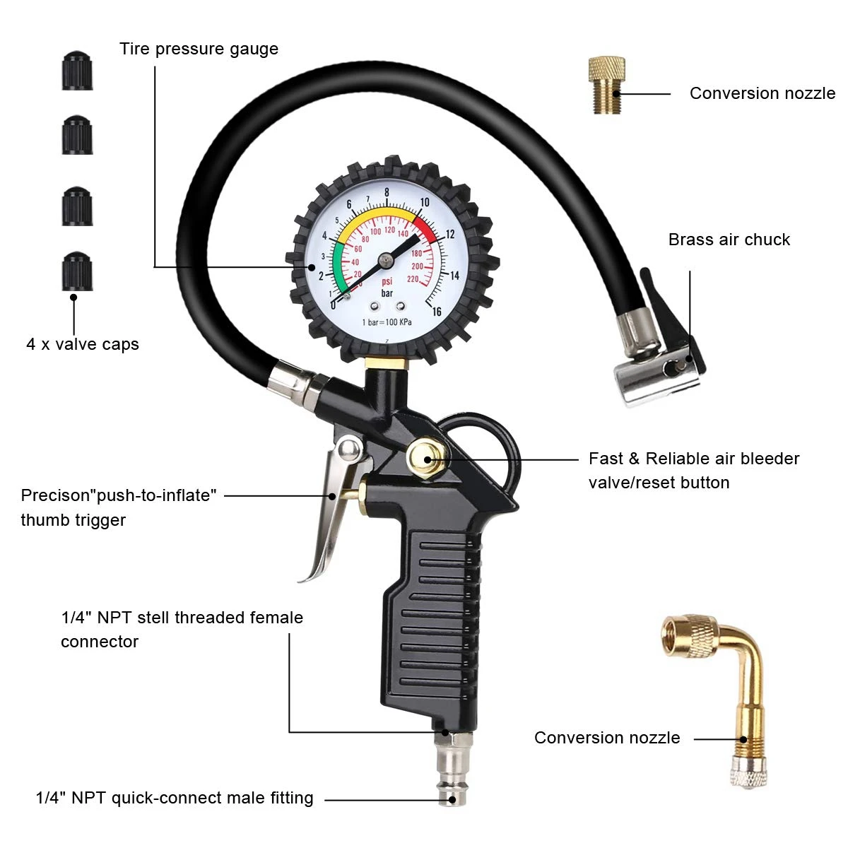 เกจวัดความดันยางรถยนต์220 PSI ที่สูบลมยางพร้อมวาล์วคอมเพรสเซอร์ขยายสำหรับรถยนต์รถจักรยานยนต์รถจักรยานรถบรรทุก