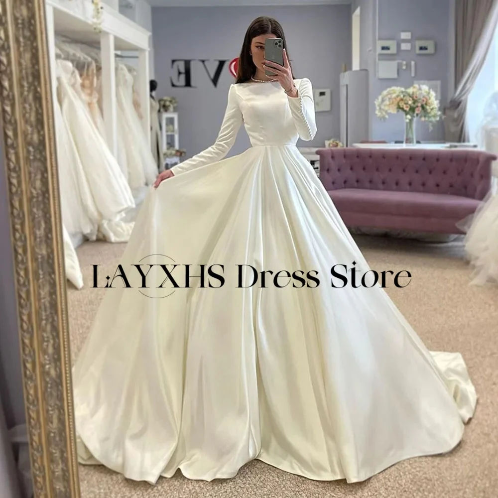 LAYXHS Elegant Boat Neck Wedding Dresses A-Line Long Sleeves Button Pleat Bridal Gowns Customized vestidos de novia
