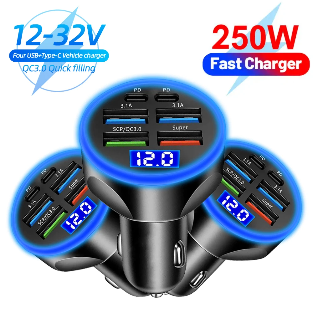 2 6-Port-Autoladegerät Schnellladung PD QC3.0 USB-C Typ-C-Adapter für iPhone, Samsung, Huawei, Xiaomi Fahrzeug-Handy