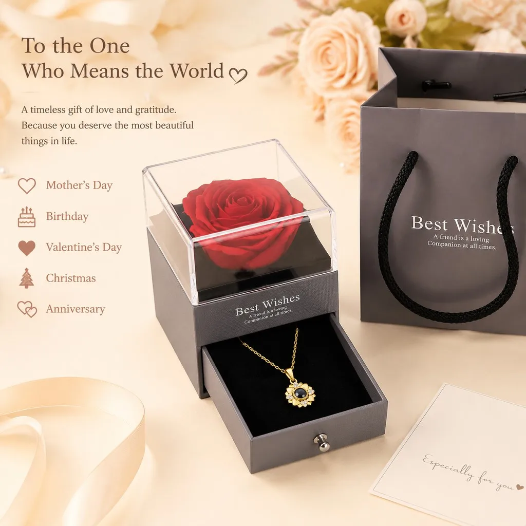 100 Languages Projection Pendant Necklaces With Rose Flower Gift Box Romantic Christmas Valentine Birthday Wedding Jewelry