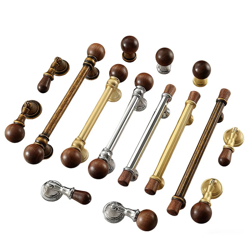 New Chinese Style Walnut & Zinc Alloy Cabinet Handle, Modern Retro Pull for Cabinet, Drawer and Wardrobe Door
