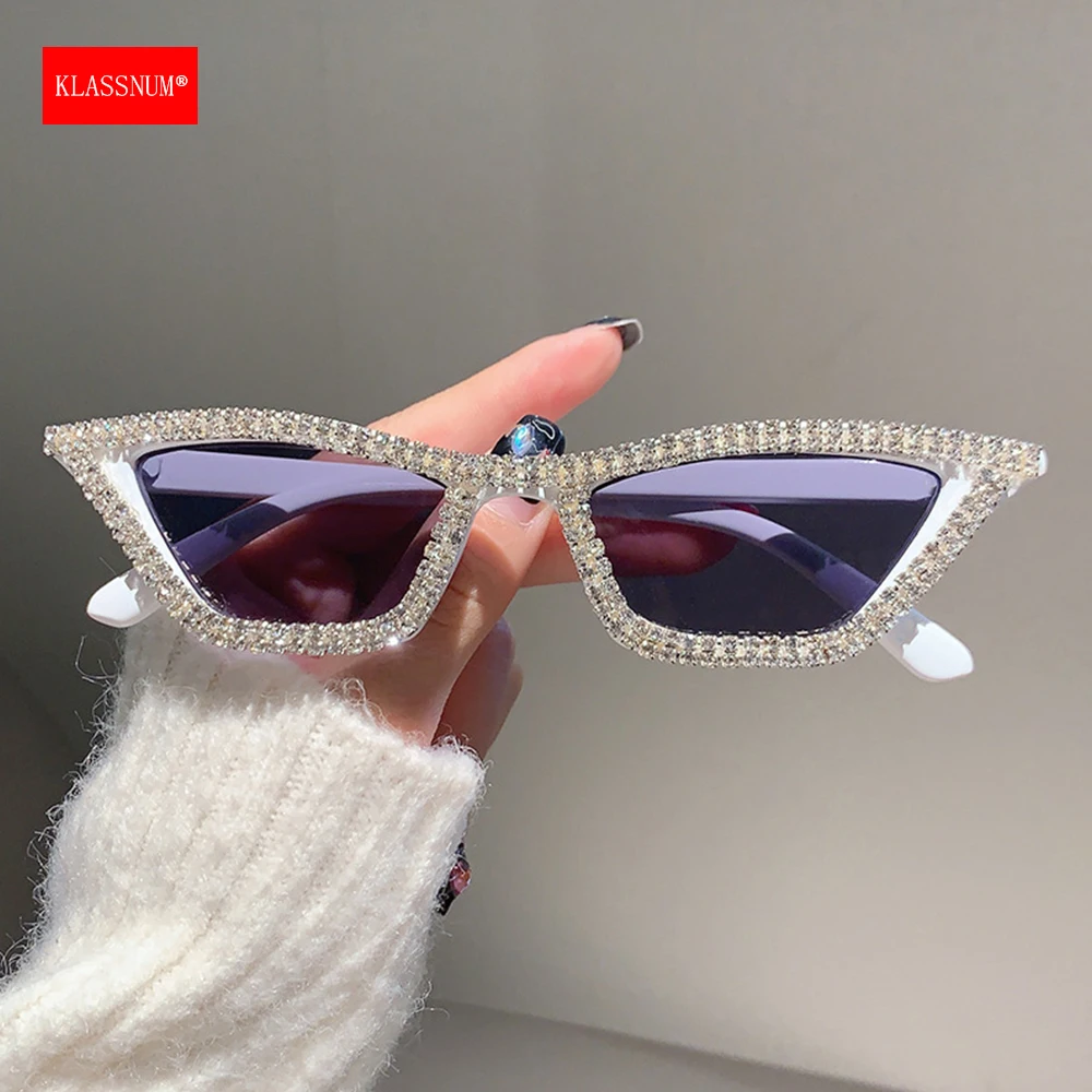 KLASSNUM luksusowy okulary przeciwsłoneczne Cat Eye kobiet moda męska diamentowy trójkąt marki projektant brokatowe okulary przeciwsłoneczne UV400 okulary przeciwsłoneczne okulary przeciwsłoneczne