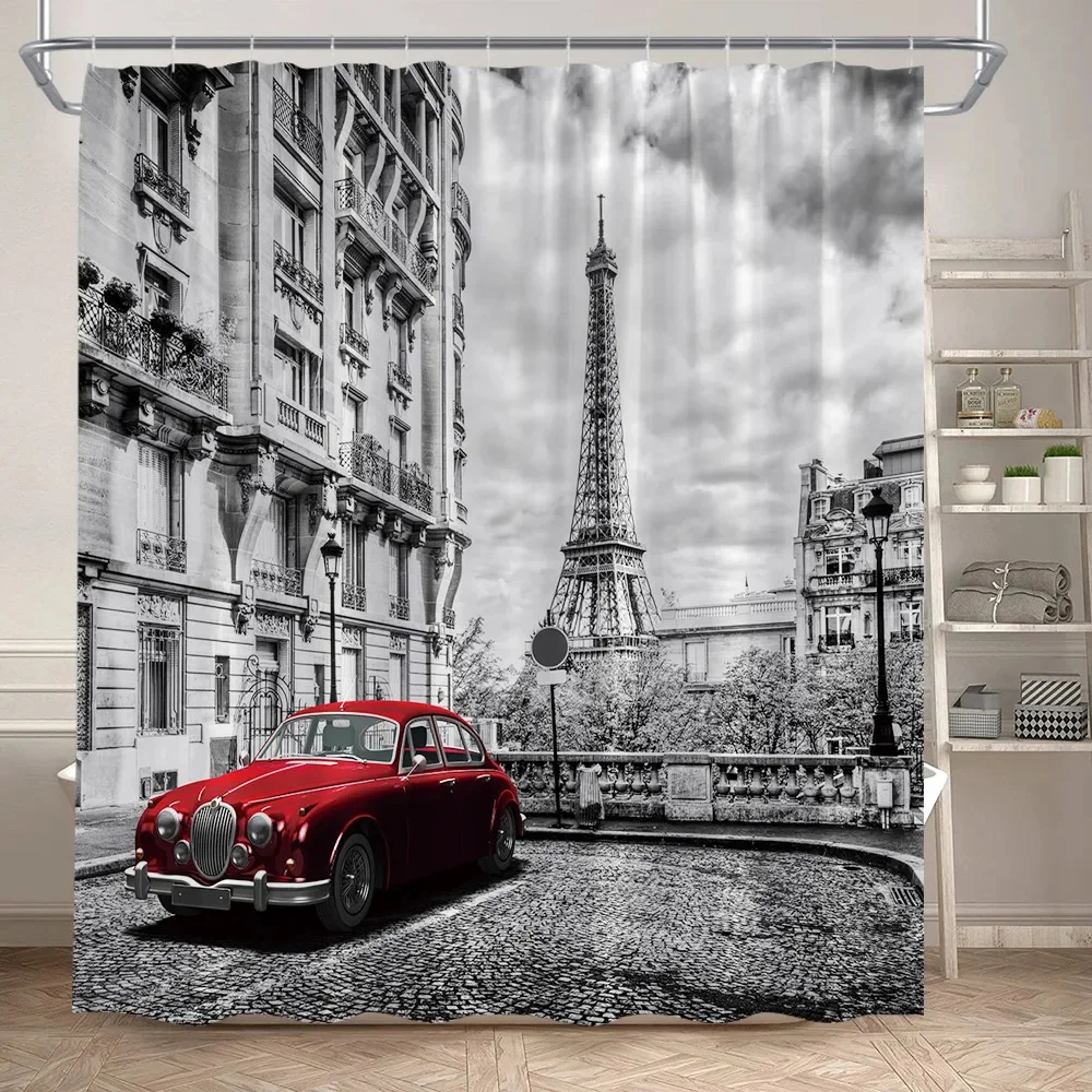 Red Phone Booth Shower Curtains Vintage Red Bus London Street View European Bathroom Decor Polyester Bath Curtainn with Hooks