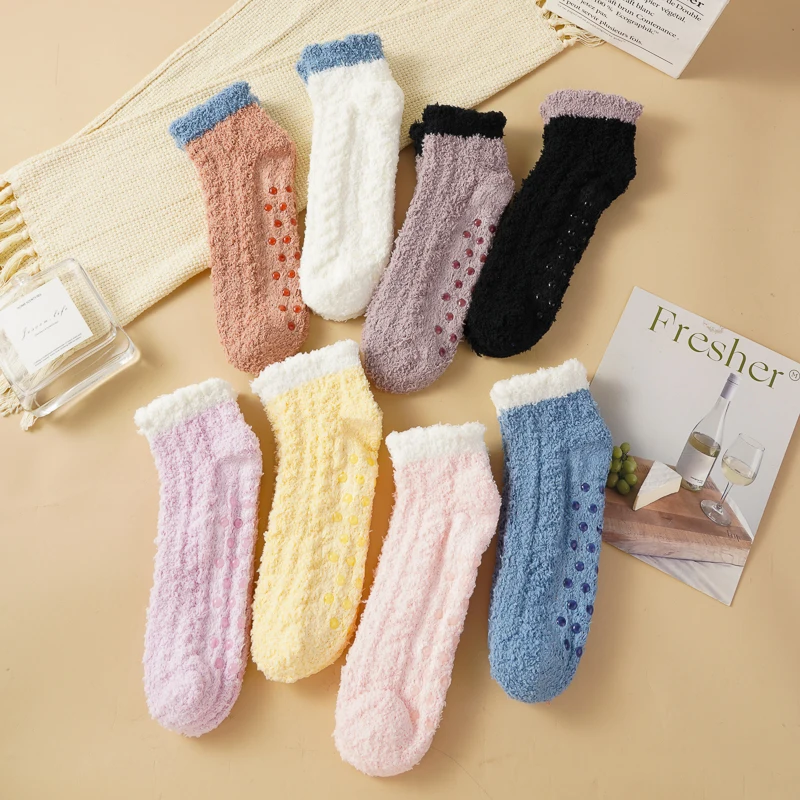 3 Pairs Women's Anti-Slip Silicone Dots Ankle Floor Socks Autumn Winter Coral Fleece Socks Warm Home Slipper Socks Sleep Socks