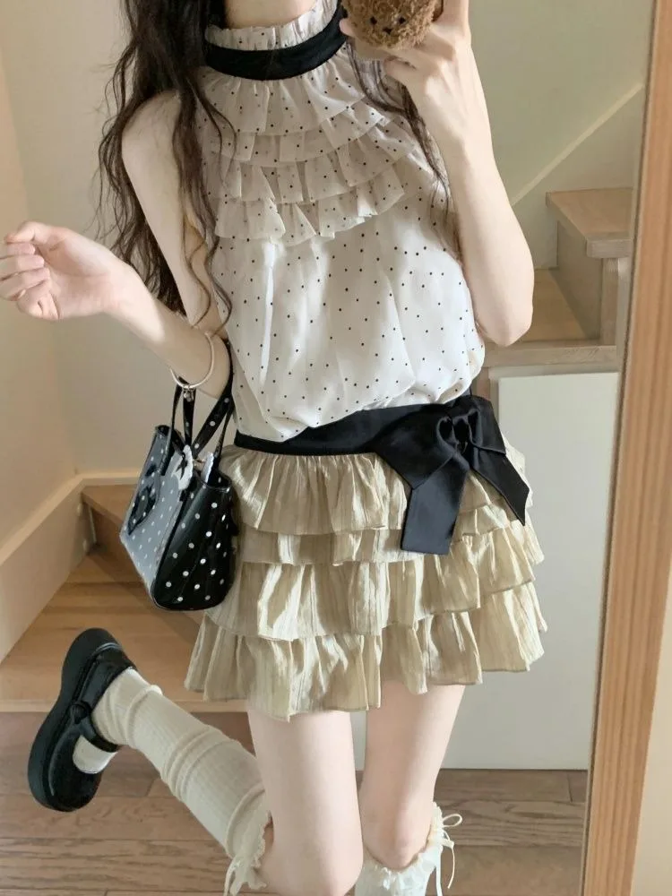 Sweet Wave Point Chiffon Sleeveless Tops for Women+ Y2k High Waist Bow Ruched Cake Skirts 2024 Fashion New Two Piece Sets