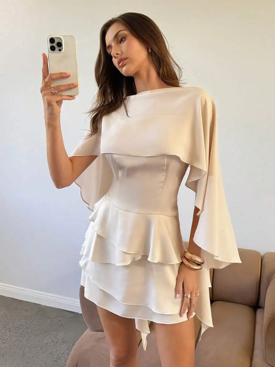 

Womens Satin Mini Dress With Removable Shawl Ruffled Hem Flowy Short Dress For Party Wedding Guest
