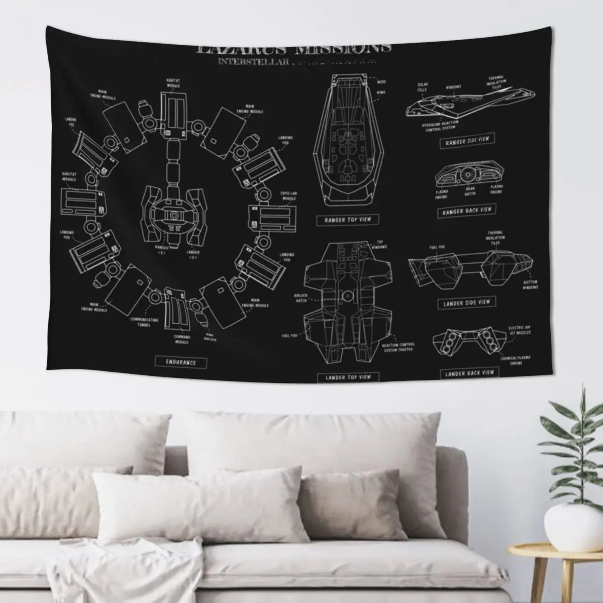 Lazarus Mission Blueprint (Interstellar Movie) White Stencil-No Background Tapestry Wall Deco Tapestry