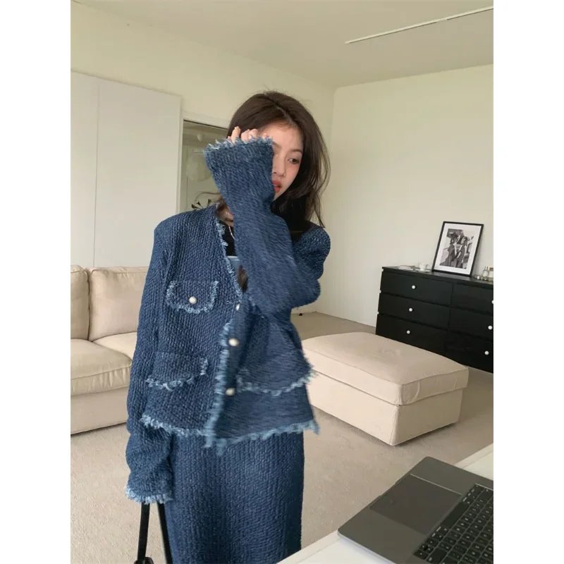 Insozkdg Korean 2023 Spring Autumn Suit Femininity Edge Denim Jacket + Skirt Casual Fashion Two-piece Set Women High Street