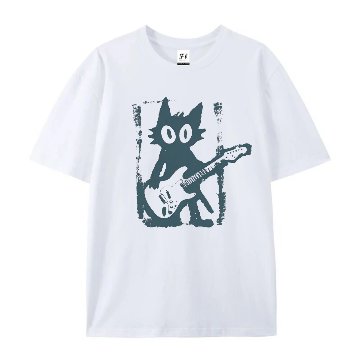 Vintage Rock Cat Playing Electric Guitar Graphic T-shirt Men Retro Grunge Kitty Print Short Sleeve Tee Casual Streetwear Tops