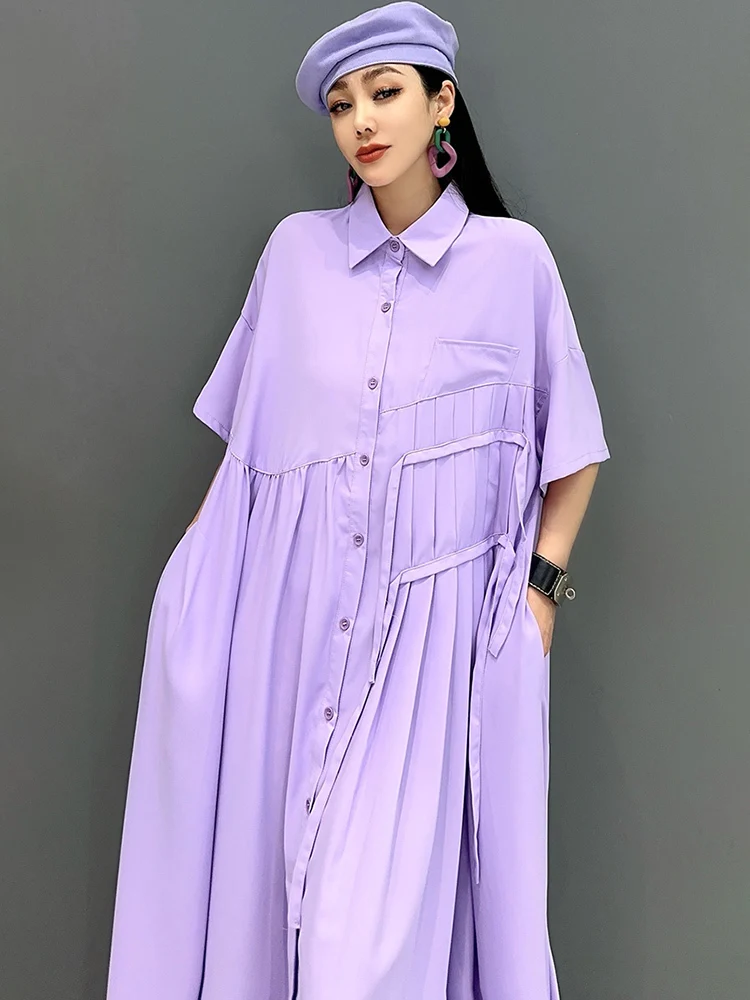 SHENGPALAE Violet Dress For Women 2024 Summer New Irregular Fold Dresses Elegant Fashion Casual Female Robe Y2k Clothes 5C1012