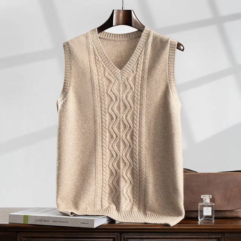 

Осень-зима 100% кашемировый вязаный свитер с v-образным вырезом, пуловер без рукавов, умная повседневная базовая мужская одежда, толстый мягкий теплый жилет