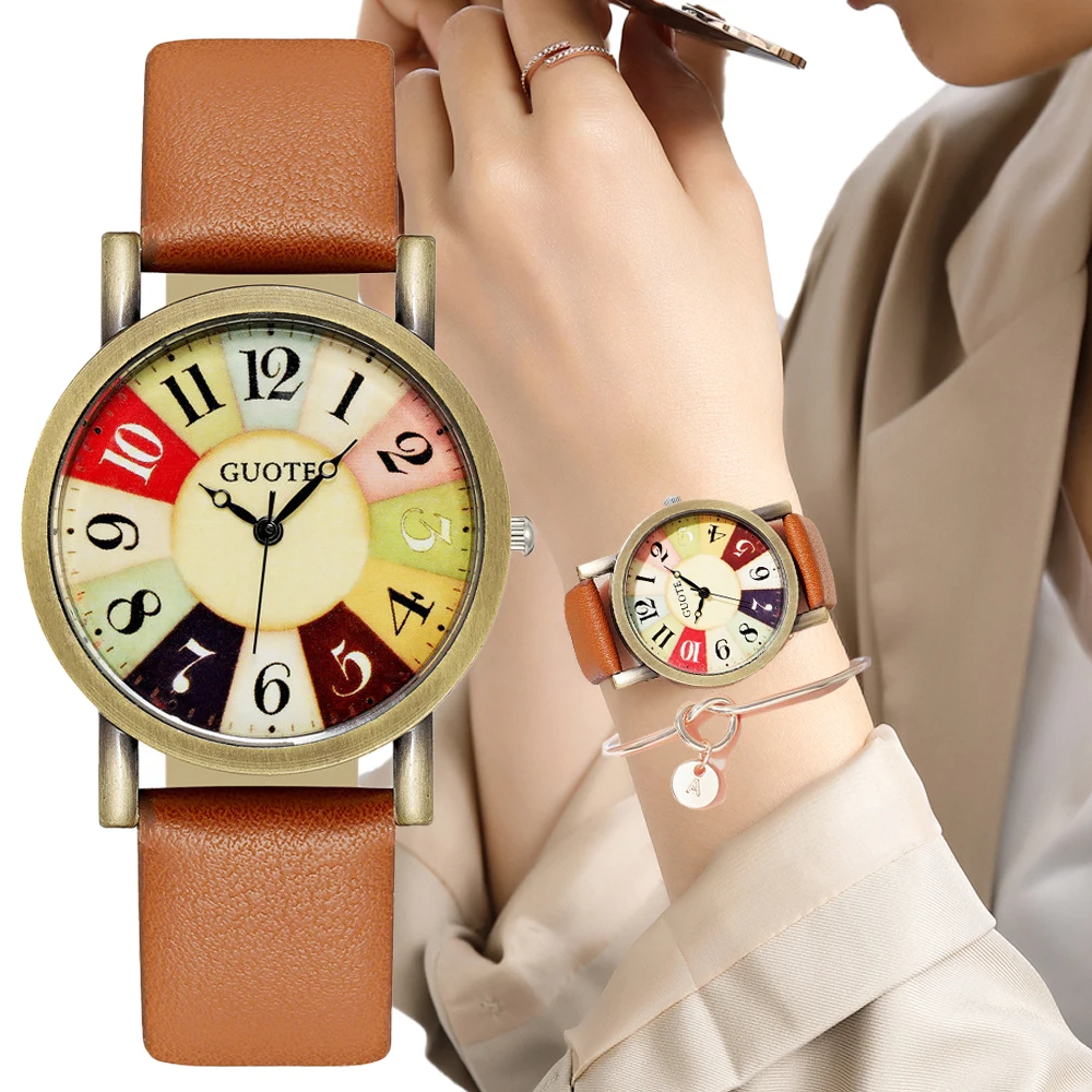 Popular Women's Fashion Vintage Brown Leather Watches 2022 Luxury Brand Ladies Quartz Wristwatches Splicing Numbers Female Clock