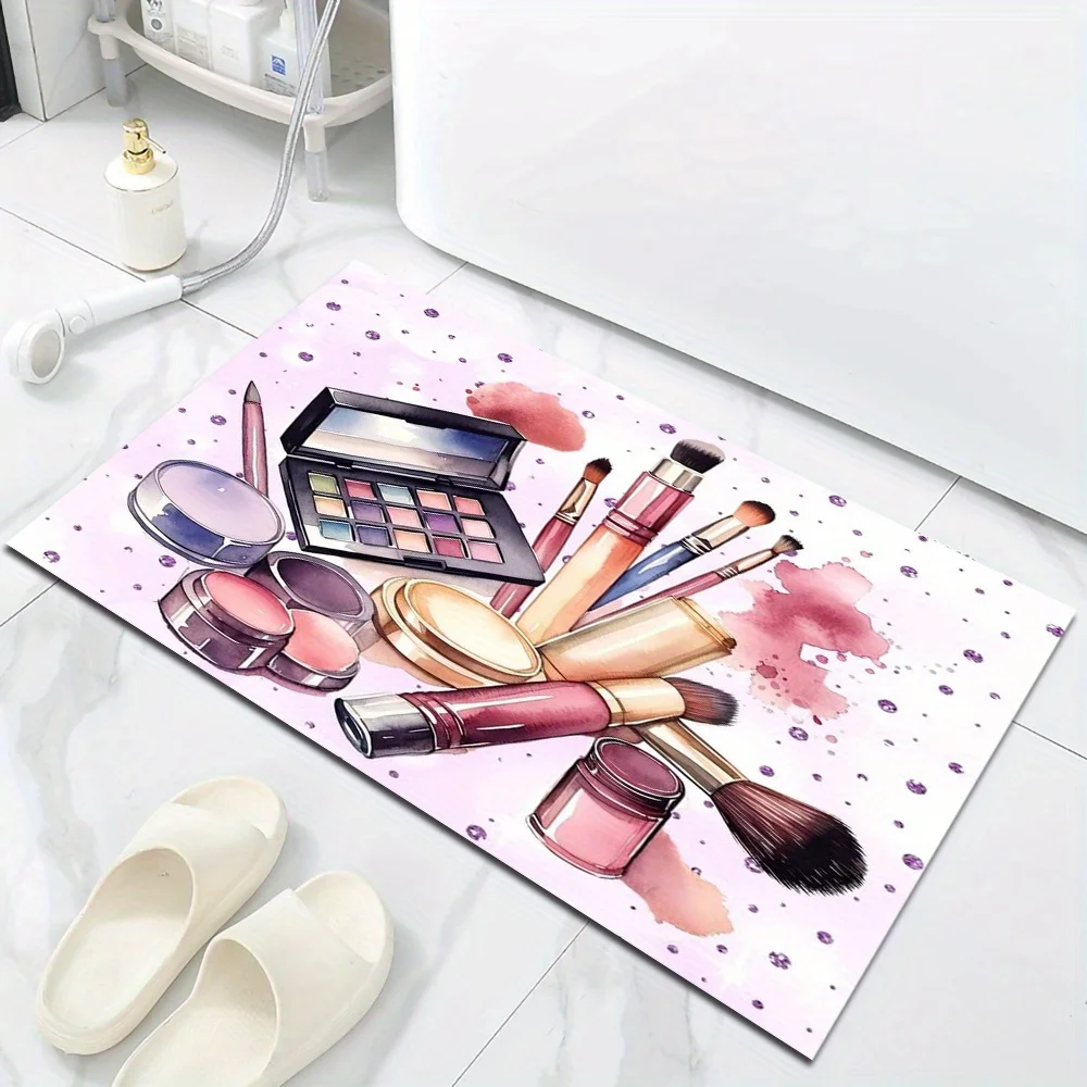 A Welcome Mat with a Beauty Theme, Featuring Designs of Makeup Tools And Cosmetic Products, Made of Plush Polyester Fiber Spon