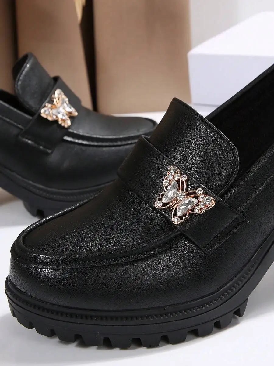 Womens Black Loafers With Butterfly Embellishment And Pearl Anklet, Chunky Heel Slip-On Shoes view 2