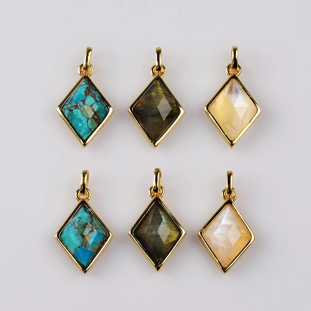 

BOROSA Unique Golden Plated Lozenge Copper Turquoise Faceted Pendant for Women Men Crystal Quartz Necklace Jewelry Accessories