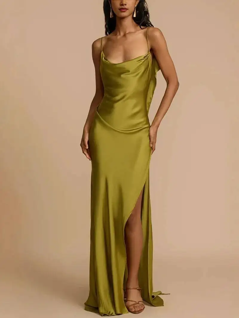 Elegant Green Satin Ruffles Sling Long Dress Women Sexy Backless Sleeveless Split Slim Dresses Lady 2025 Party Club Vestidos 1I8