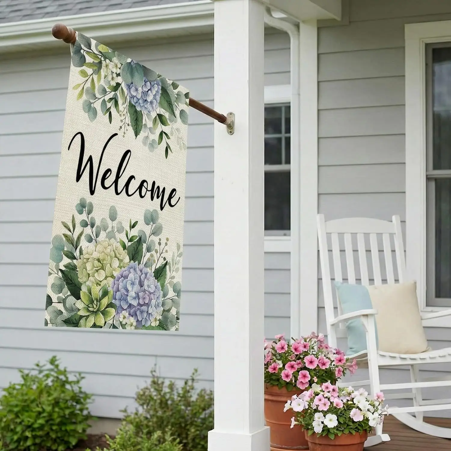 CROWNED BEAUTY Spring House Flag Hydrangea Eucalyptus Double Sided 28x40 Inches Large Burlap Welcome Holiday Seasonal Yard D AAS