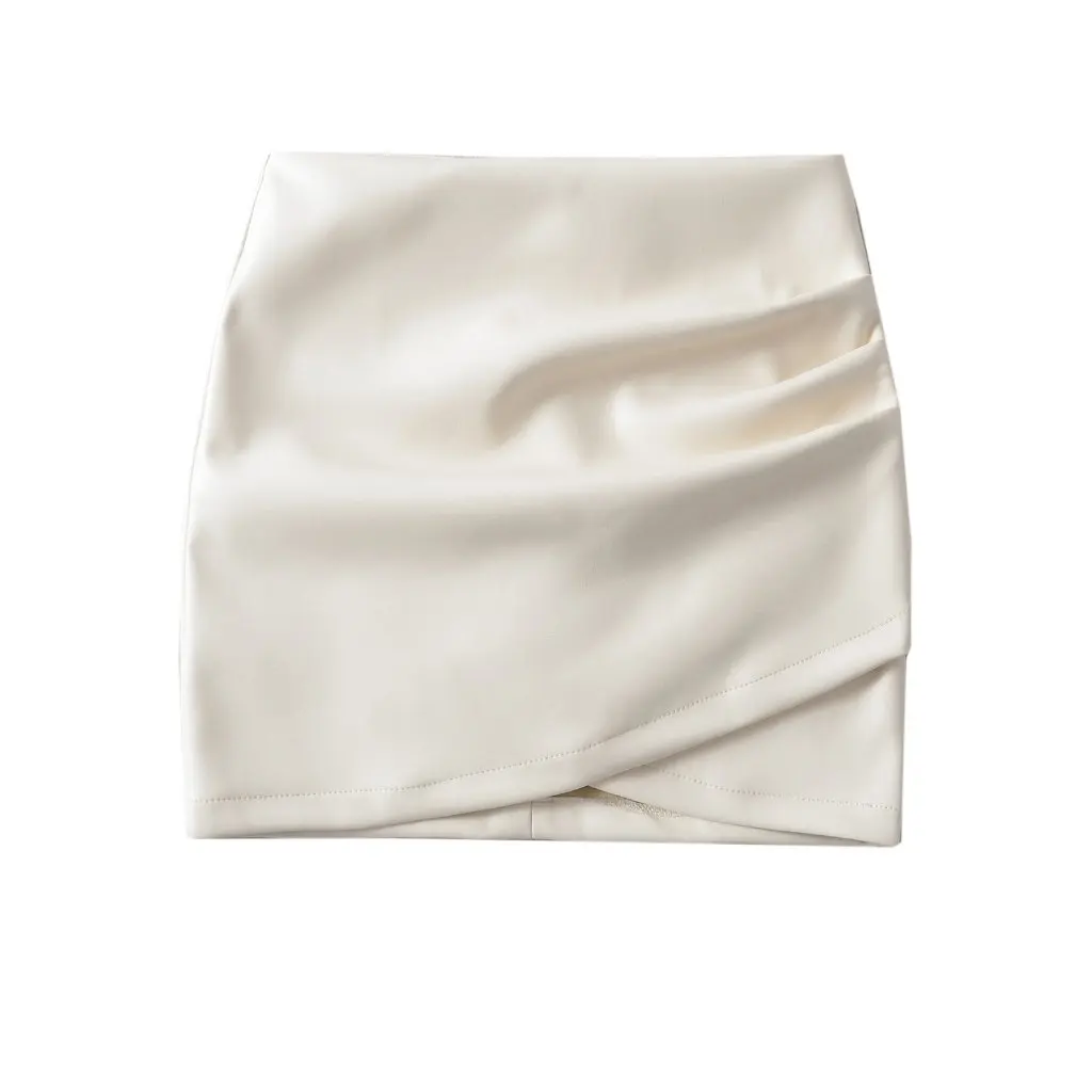 

Women's Black Pleated Irregular Leather Skirt High Waist PU Mini Skirt for Autumn Winter European American Style