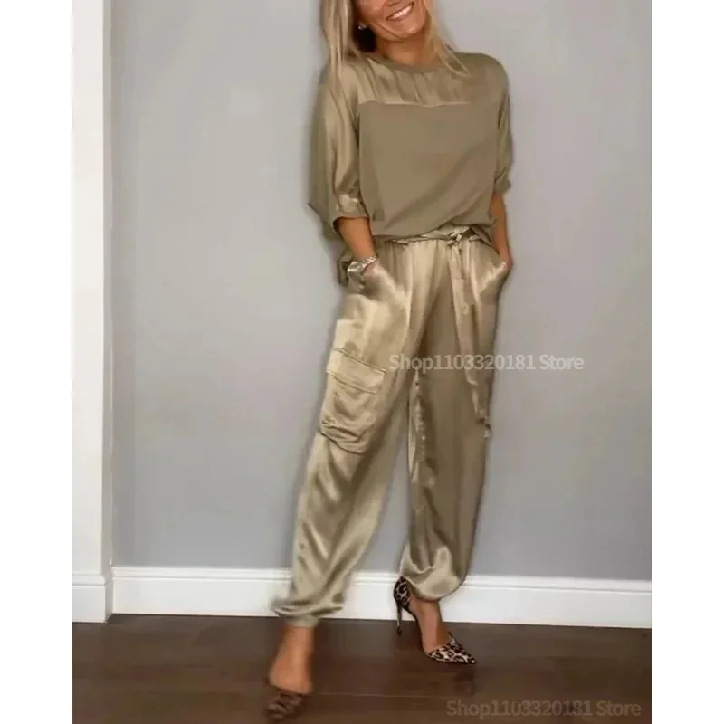 

Весна-лето, модный однотонный атласный комплект из двух предметов, женский топ с круглым вырезом и длинными рукавами, длинные брюки, повседневный свободный комплект из двух предметов