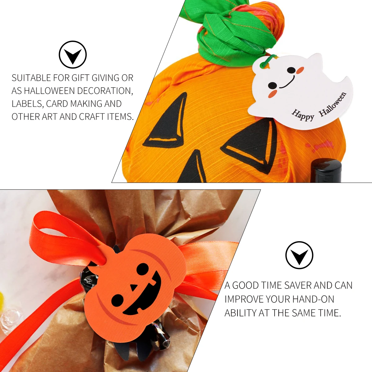 

100pcs Halloween Pumpkin Tags Pre cut Hole Gift Labels Party Favors DIY Paper Pendants Ghost Decor Office Supplies