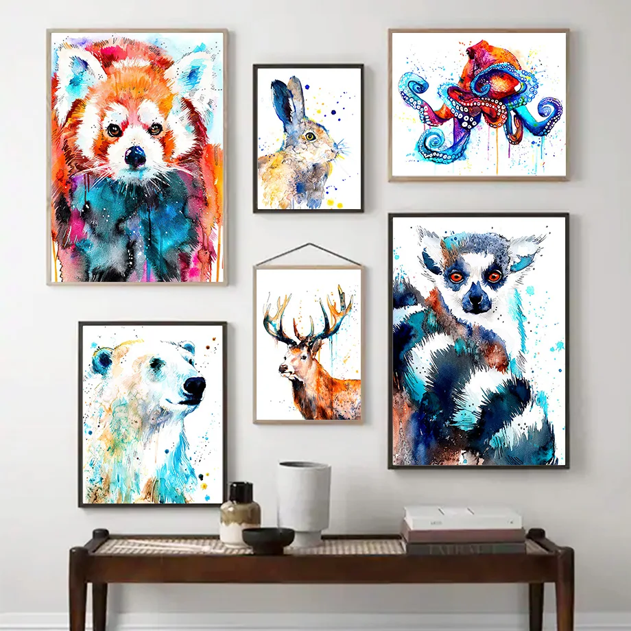 Watercolor Raccoon Grizzly Otter Lemur Rabbit Wall Art Canvas Painting Home Bedroom Room Decor Home Decor Wall Decor