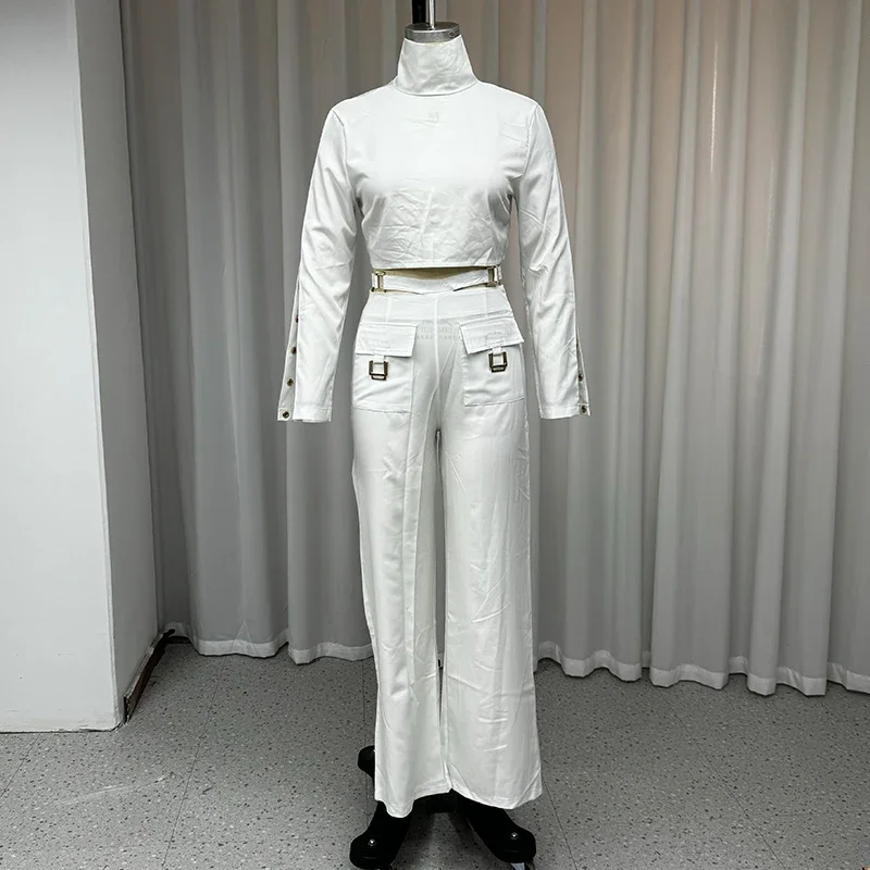 MECOCICI Women 2 Piece Set Fashion Solid Long Sleeve High Neck High Waist Buttons Top Crossover Buckle Design Cargo Pants Set