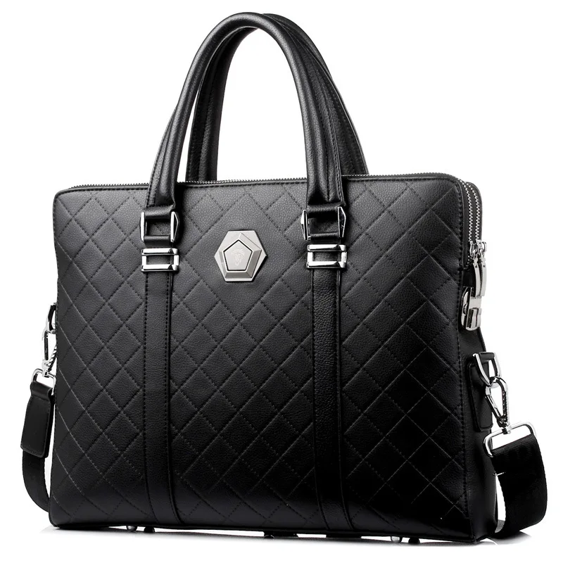 Men's Leather Briefcase with Combination Lock Horizontal Crossbody Business Laptop Bag Single-Shoulder Professional Carryall