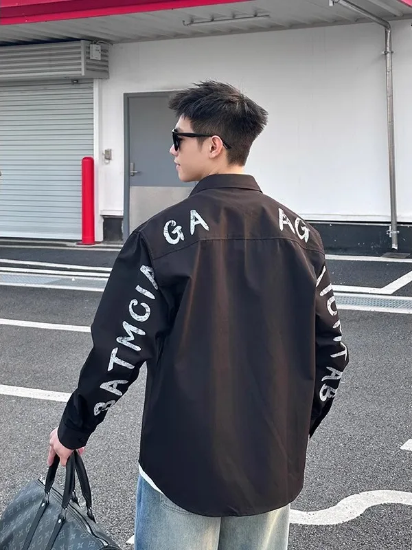 

American Sle Letter Print Long Sve Casual irt Jaet for Men Breathable Stand Fit Four Seasons Wear Spring 2025